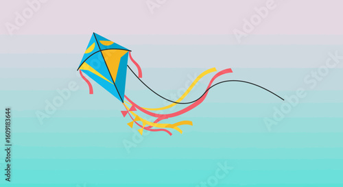 Vibrant kite soars playfully in the breeze, evoking carefree summer days and outdoor fun, perfect for children