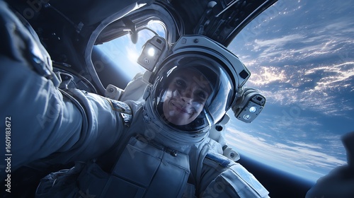 a civilian space tourist taking a selfie with Earth in the background through a spaceship window, wearing a futuristic but casual space suit, smiling expression, reflecting visor, space tourism 