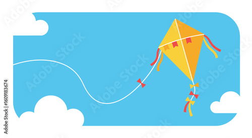 Joyful yellow kite soars high against a backdrop of fluffy clouds, perfect for summer designs
