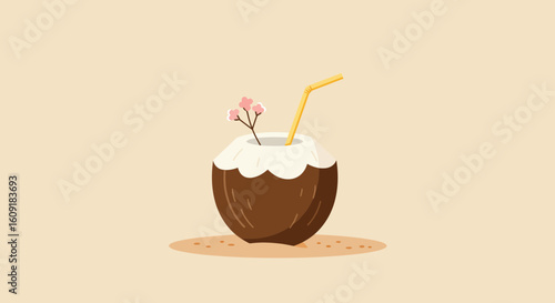 Refreshing coconut drink with straw and flower garnish invites tropical summer vibes and relaxation time