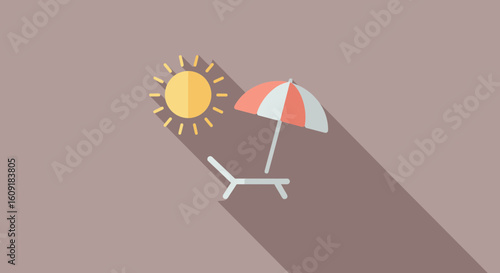 Relaxing beach scene featuring sun, lounge chair, and umbrella evokes summer vibes and vacation bliss