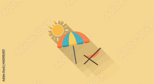 Relaxing beach scene with sun, umbrella and deckchair evokes summer vacation bliss and tropical getaway dreams