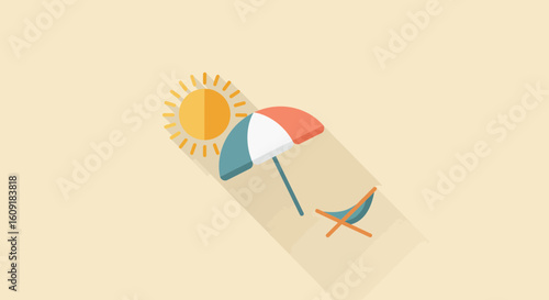 Enjoy summer bliss with a beach chair, umbrella, and sun, perfect for vacation and relaxation themes