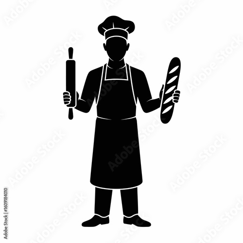 Chef with Rolling Pin and Baguette Silhouette