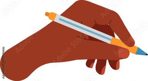 Close up of a dark skinned hand gripping a pen and writing, representing creativity and communication while highlighting the power of the written word in various contexts