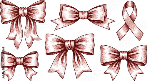 Set of hand-drawn, vintage-style red gift bows and ribbons. Collection of six decorative bows, including an awareness ribbon, in an engraved style. Vector illustration of elegant red bows 