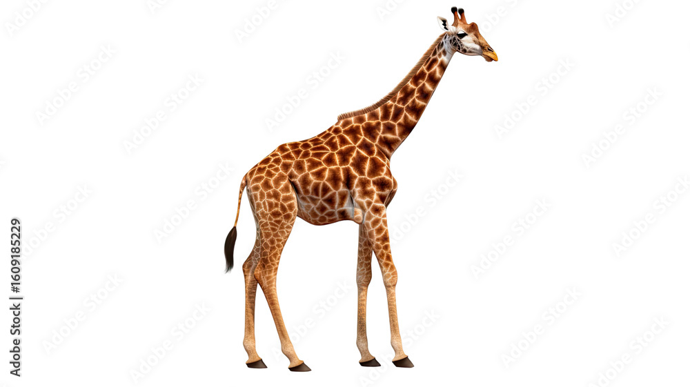 Obraz premium Tall giraffe standing upright with long neck and spotted fur isolated on white background