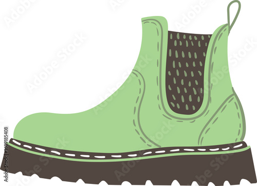 Light green chelsea boot with dark brown elastic and sole is standing on white background, creating a stylish and minimalist image perfect for fashion, retail, or footwear related projects
