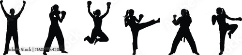 Six martial arts silhouettes in action stances, flat vector cad drawing for combat training, sports design, fitness, dynamic posture art