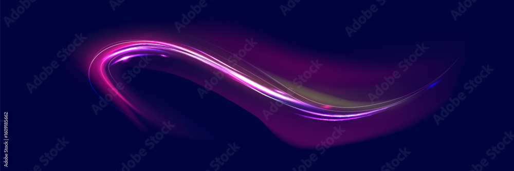 Naklejka premium Neon line as speed or arc, turn, twist, bend in light effect. Light arc in neon colors, in the form of a turn and a zigzag. Abstract background in blue