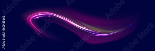 Neon line as speed or arc, turn, twist, bend in light effect. Light arc in neon colors, in the form of a turn and a zigzag. Abstract background in blue