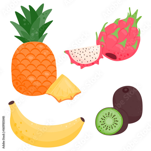 Set of ripe juicy fruits. Kiwi, banana, pineapple, pitaya.