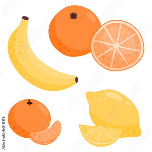 Set of ripe juicy fruits. Banana, tangerine, lemon and orange.