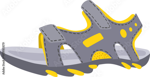 Comfortable gray and yellow sandals with adjustable straps and thick sole, designed for outdoor activities, providing support and style for hiking and walking