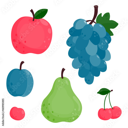 Set of ripe juicy fruits. Apple, pear, grape, plum, cherry.