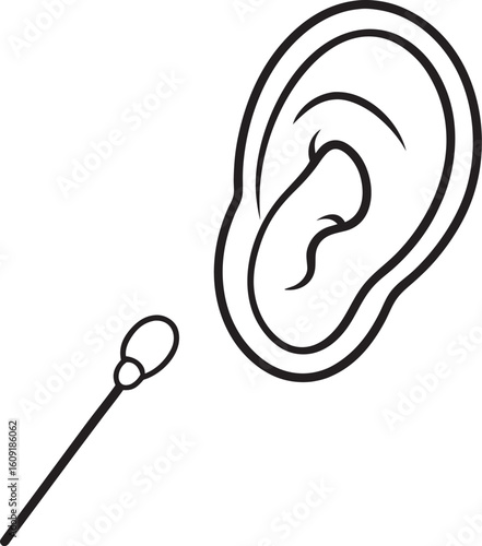 Simple line drawing of an ear and cotton swab isolated on white background