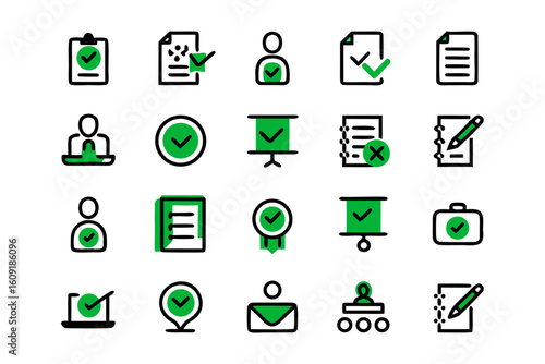 A collection of simple line art symbols representing affirmative responses and task completion presented in a clean and modern graphic style for easy integration into various projects