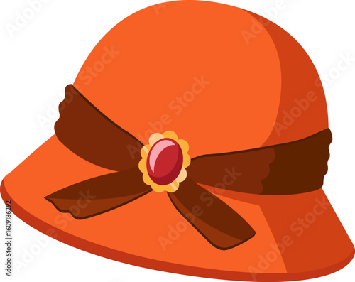 Stylish orange women's hat featuring a brown ribbon adorned with a gemstone brooch, adding a touch of elegance and sophistication to any outfit