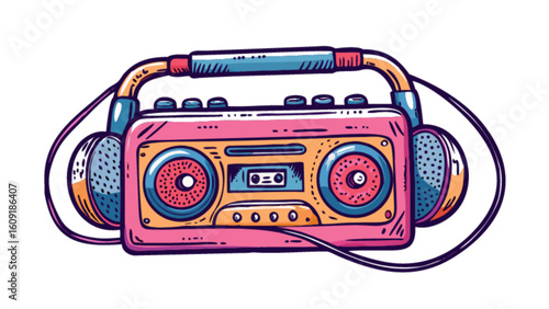 Illustration of a pink boombox with headphones attached and a cassette tape player in the center