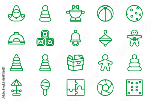 Collection of childrens playthings outline graphics featuring distinctive attributes and customizable line designs for creative projects
