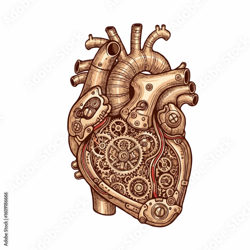 mechanical heart made of intricate, glowing clockwork gears and cogs