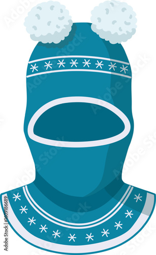 Knitted winter blue balaclava with snowflakes and two white pompoms is perfect for protecting face and neck from cold in winter sports or outdoor activities