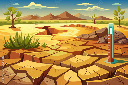 vector of A vast land whose dry surface is cracked due to heat and dryness and the thermometer in the middle of the ground shows the high temperature of the air.