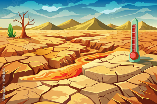 vector of A vast land whose dry surface is cracked due to heat and dryness and the thermometer in the middle of the ground shows the high temperature of the air.