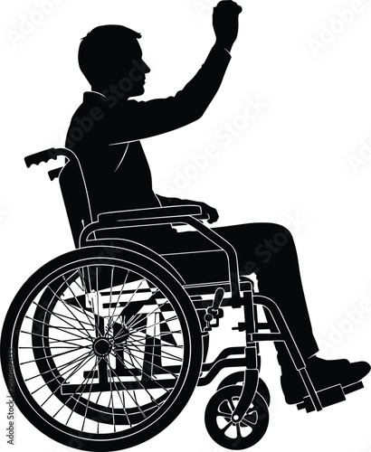 Wheelchair user silhouette with raised fist gesture in black cad vector for empowerment, activism, disability rights and lifestyle design