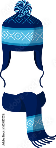 Warm blue winter hat with ear flaps, pompom and light blue decorations, matching scarf with fringes, isolated on white background, perfect for cold weather