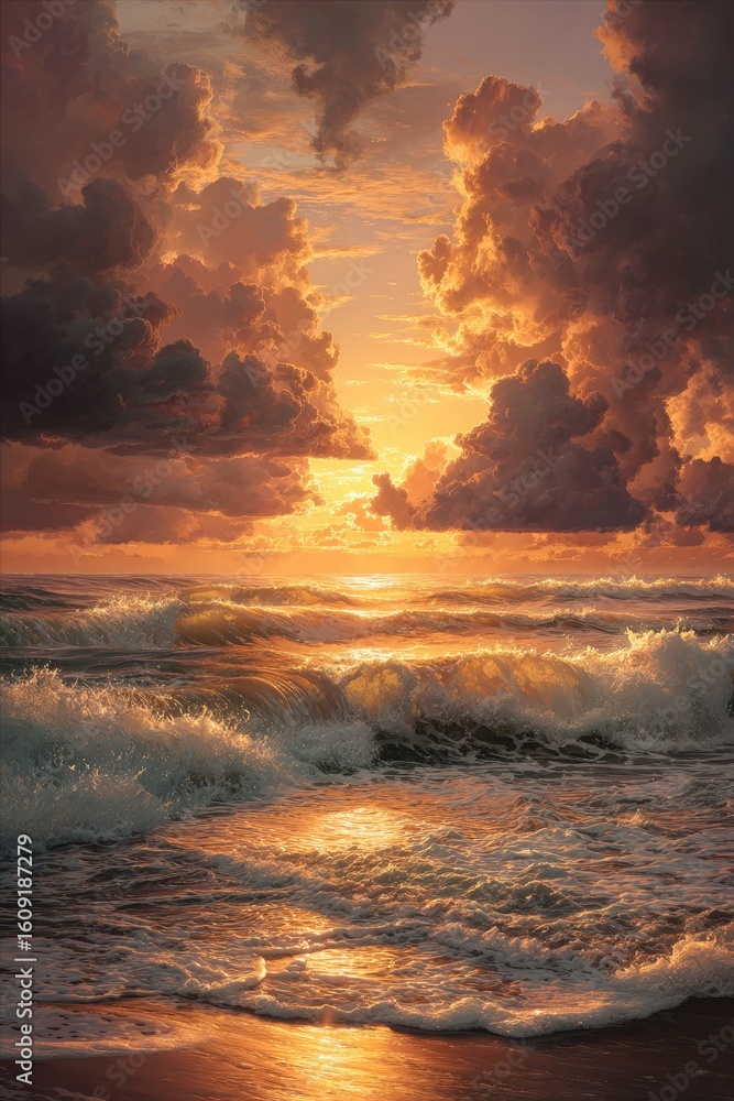 Fototapeta premium Dramatic sunrise over turbulent ocean