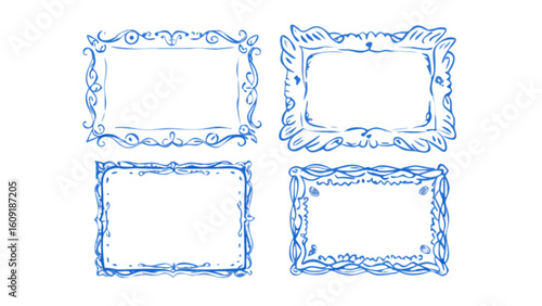 Illustration of four blue decorative frames with unique designs and empty centers on a white background
