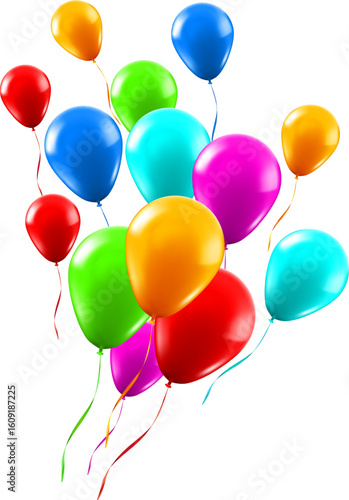 Bunch of vibrant, colorful balloons floating gracefully with ribbons against a bright white background, embodying celebration, joy, and festive moments filled with happiness and fun