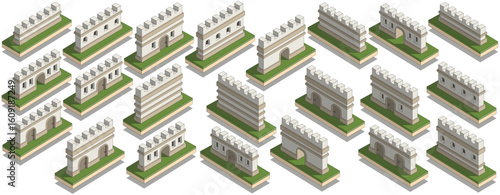 A set of long castle walls. Isometric. Isolated on white background. Vector illustration.