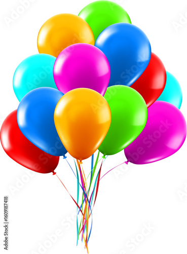 Colorful balloons floating gracefully with vibrant ribbons against a clean white background, capturing the essence of celebration, joy, and festive moments filled with happiness