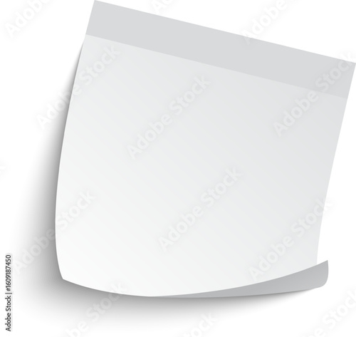 Blank white sticky note with a gray adhesive strip at the top and a curled corner is casting a shadow on a white background, providing copy space for adding text or reminders