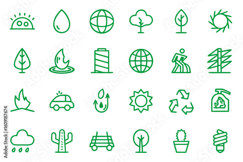 Comprehensive collection of editable climate change themed icons illustrating environmental issues and solutions in vivid colors