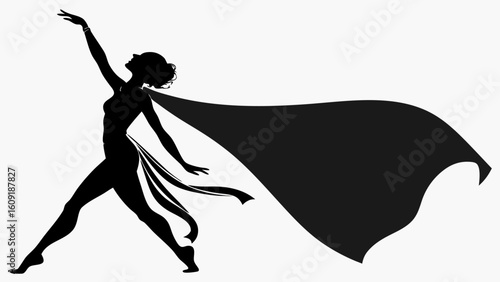 Silhouette of a woman in a dynamic pose with a flowing cape against a white background in black and white