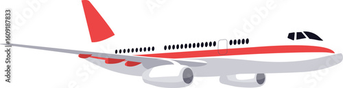 Modern passenger airplane flying in the sky, featuring red details on its wings, tail, and fuselage, representing air travel, transportation, and the aviation industry