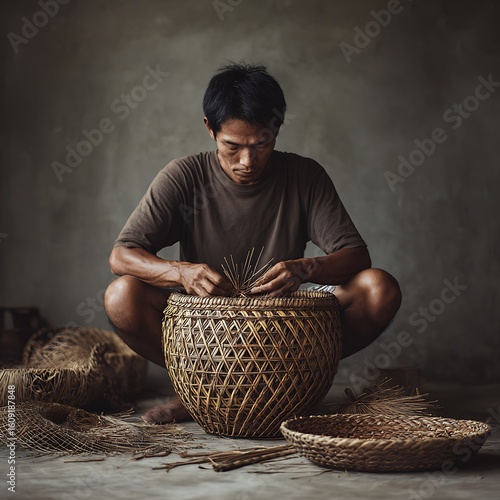 young man weaving a contemporary basket using traditional Thai weaving technique, sitting on floor with natural mater 