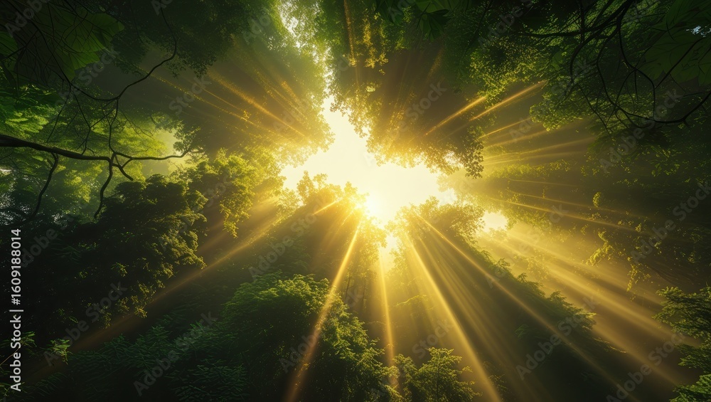 Fototapeta premium Golden sunlight streams through a lush green forest canopy, casting radiant beams of light downwards towards the viewer.