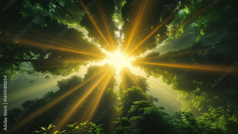 Fototapeta premium Majestic forest scene with brilliant sunlight filtering through the tree canopy from a low perspective