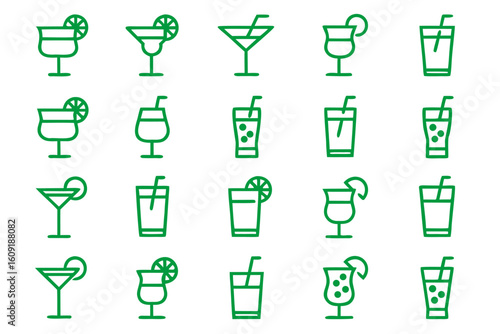 Clean and modern editable line art icon set featuring various refreshing cocktail drinks for beverage and hospitality graphics