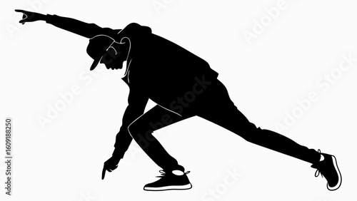 Silhouette of a man in a cap and jacket striking a dynamic pose with arms extended and legs apart
