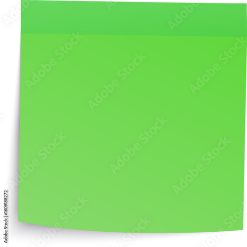 Green sticky note with a darker green stripe on top, slightly curled on the bottom, casting a shadow on a white background, ready for taking notes