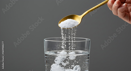 Golden Spoon Pouring Crystal Substance into Water Glass Creating Blurred Motion Effect on Gray Background