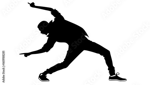 Silhouette of a man in a dynamic pose with arms extended and legs spread wearing shoes and casual clothing