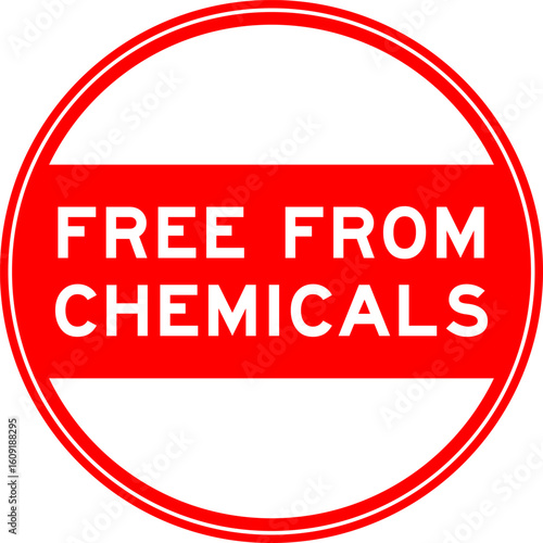 Red color round seal sticker in word free from chemicals on white background