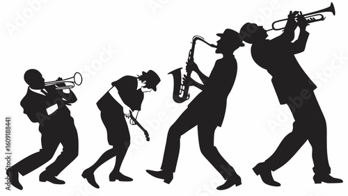 Silhouette illustration of jazz musicians playing trumpet saxophone and guitar in sequence on white