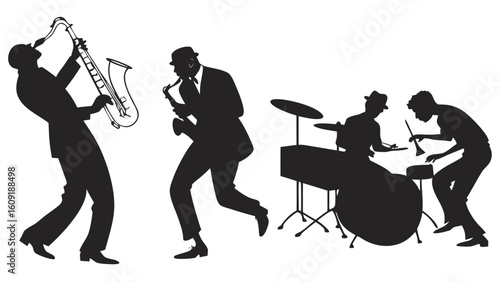 Silhouette depiction of a jazz band performing with saxophone and drums in a musical performance scene